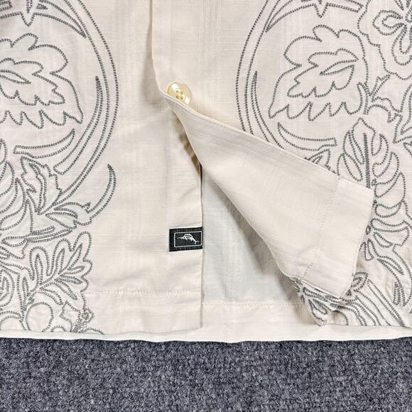 Tommy Bahama Shirt Mens Large White Silk Scrolling Vines Embroidered Button Up - Picture 4 of 11